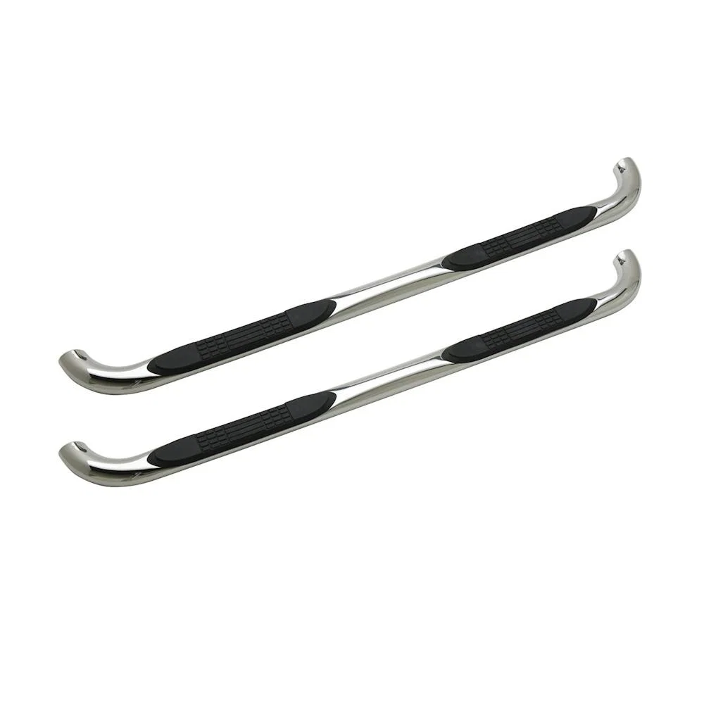 113-0423 – ICONIC ACCES Nerf Bar, With Step Pads 3 Inch Round With 90 Degree Mandrel Bent Ends Polished Silver Stainl...